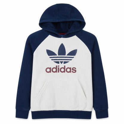 Front view of Adidas boys’ beige & navy pullover hoodie, size 13-14, years cotton blend