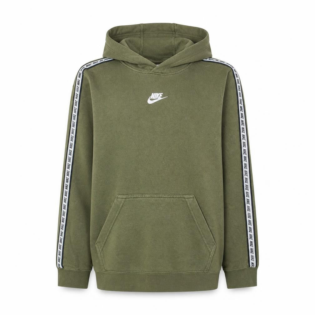 Front view of Nike boys’ green xl pullover fleece hoodie with logo tape detail