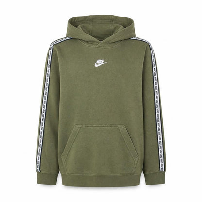 Front view of Nike boys’ green xl pullover fleece hoodie with logo tape detail