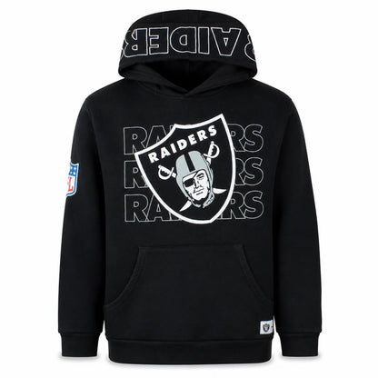 Front view of NFL Raiders boys’ black pullover hoodie 12-13 years hooded fleece sweatshirt