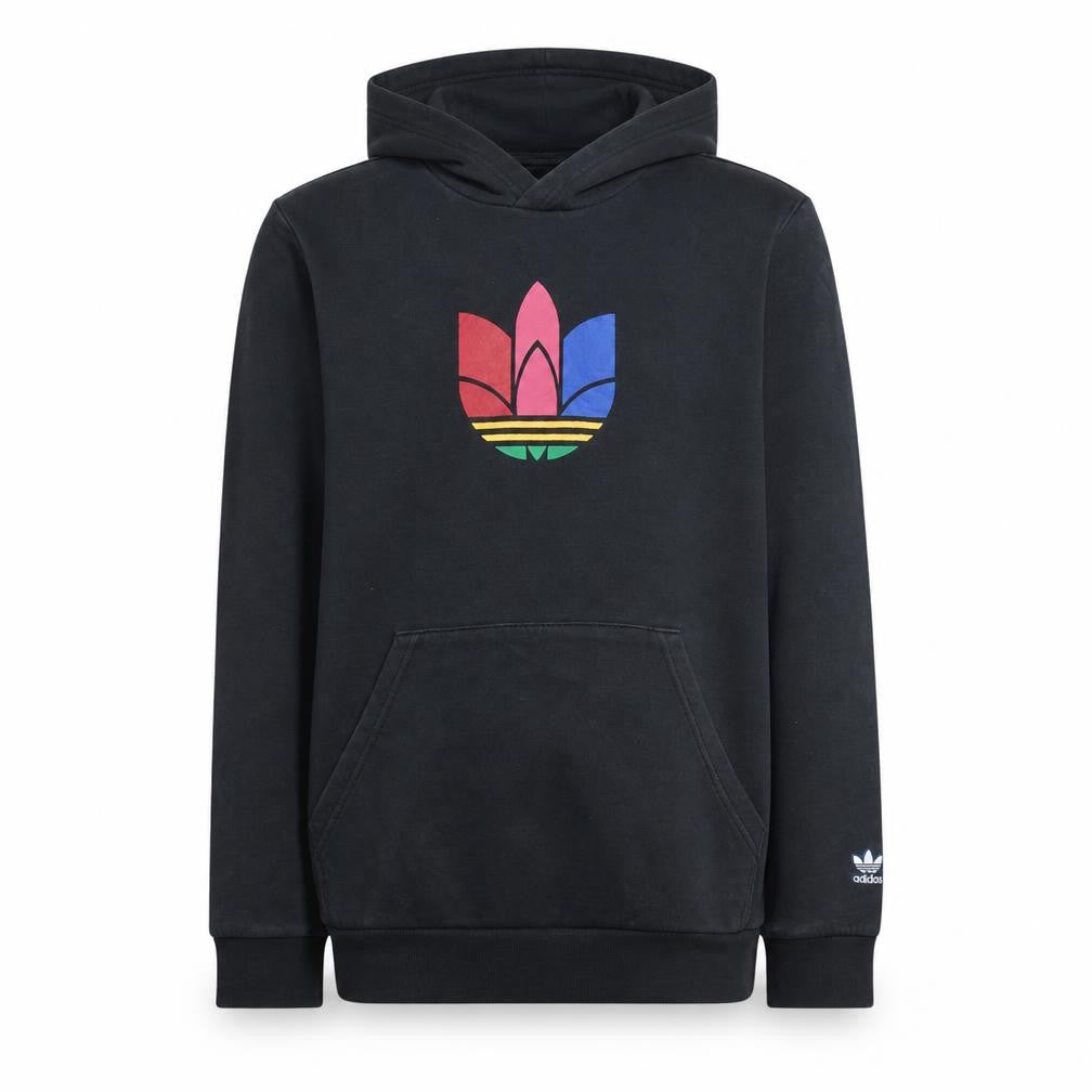 Front view of Adidas boys’ black pullover hoodie 14-15 years logo print sportswear
