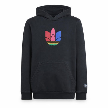 Front view of Adidas boys’ black pullover hoodie 14-15 years logo print sportswear