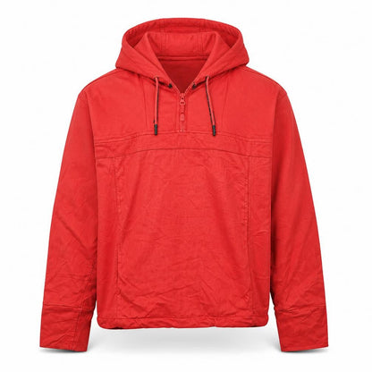 Front view of The North Face Red Pullover Hoodie unisex l fleece drawstring outdoor