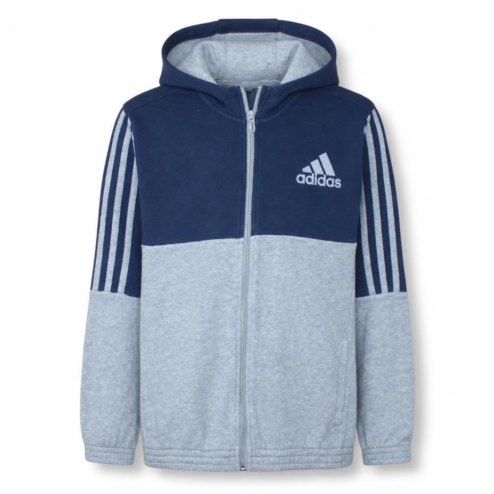 Front view of Adidas boys’ blue grey full zip hoodie 13-14 years classic hooded sweatshirt