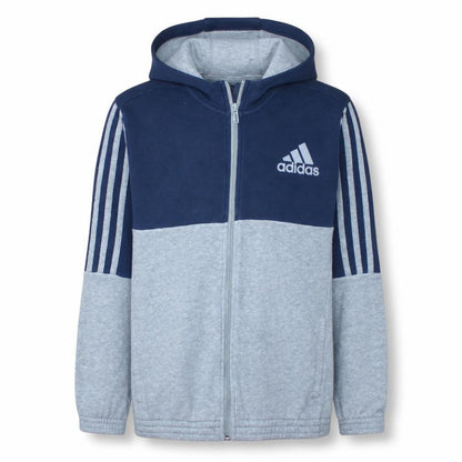 Front view of Adidas boys’ blue grey full zip hoodie 13-14 years classic hooded sweatshirt