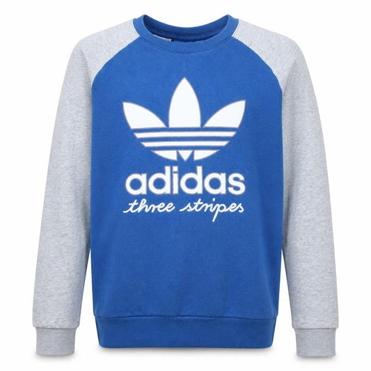 Front view of Adidas boys’ blue crew neck pullover sweatshirt, size 14, years