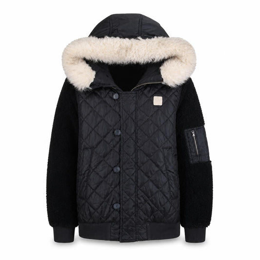 Front view of Adidas women’s black faux fur hooded quilted bomber jacket, size UK 8