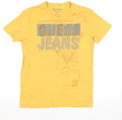 Guess Mens Yellow Graphic Logo T-Shirt Size M Cotton Crew Neck