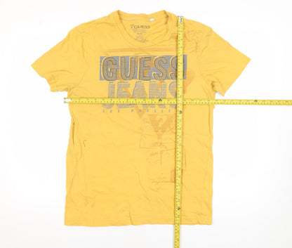 Guess Mens Yellow Graphic Logo T-Shirt Size M Cotton Crew Neck