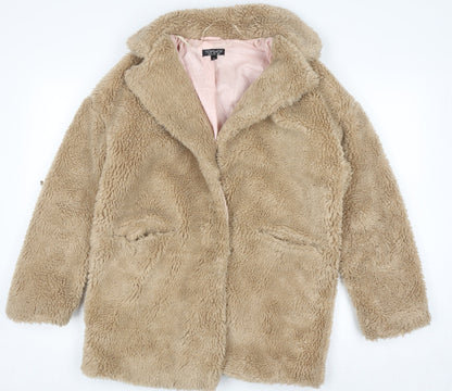 Topshop Women's Beige Faux Fur Mid-Length Coat Size 6
