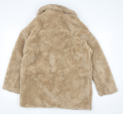 Topshop Women's Beige Faux Fur Mid-Length Coat Size 6