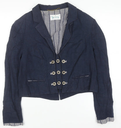 Perry Women Blue Linen Military Blazer Size 12 Cropped Jacket