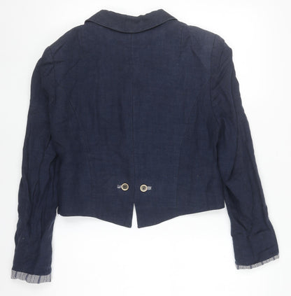 Perry Women Blue Linen Military Blazer Size 12 Cropped Jacket
