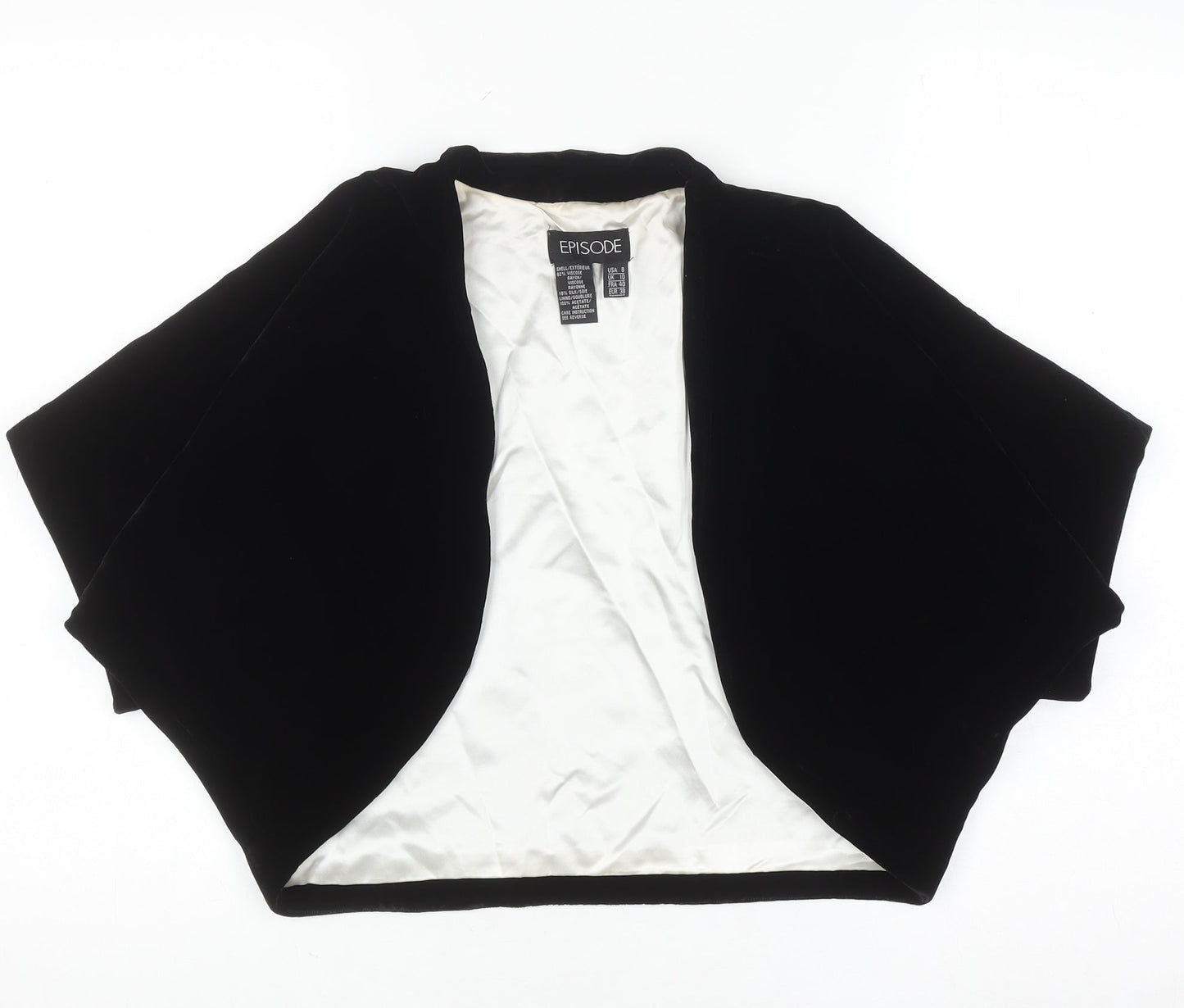 Episode Women's Black Velvet Shrug Size 10 Silk Blend Lined Formal