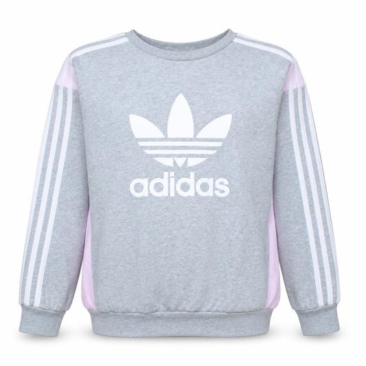 Front view of Adidas girls’ grey pink crew neck sweatshirt 13-14 years pullover fleece
