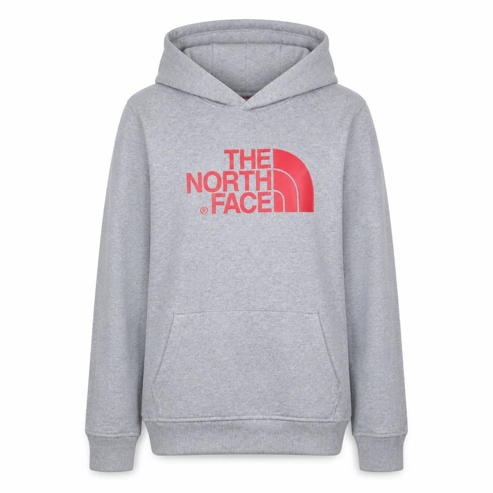 Front view of The North Face girls’ grey xl logo pullover hoodie sweatshirt