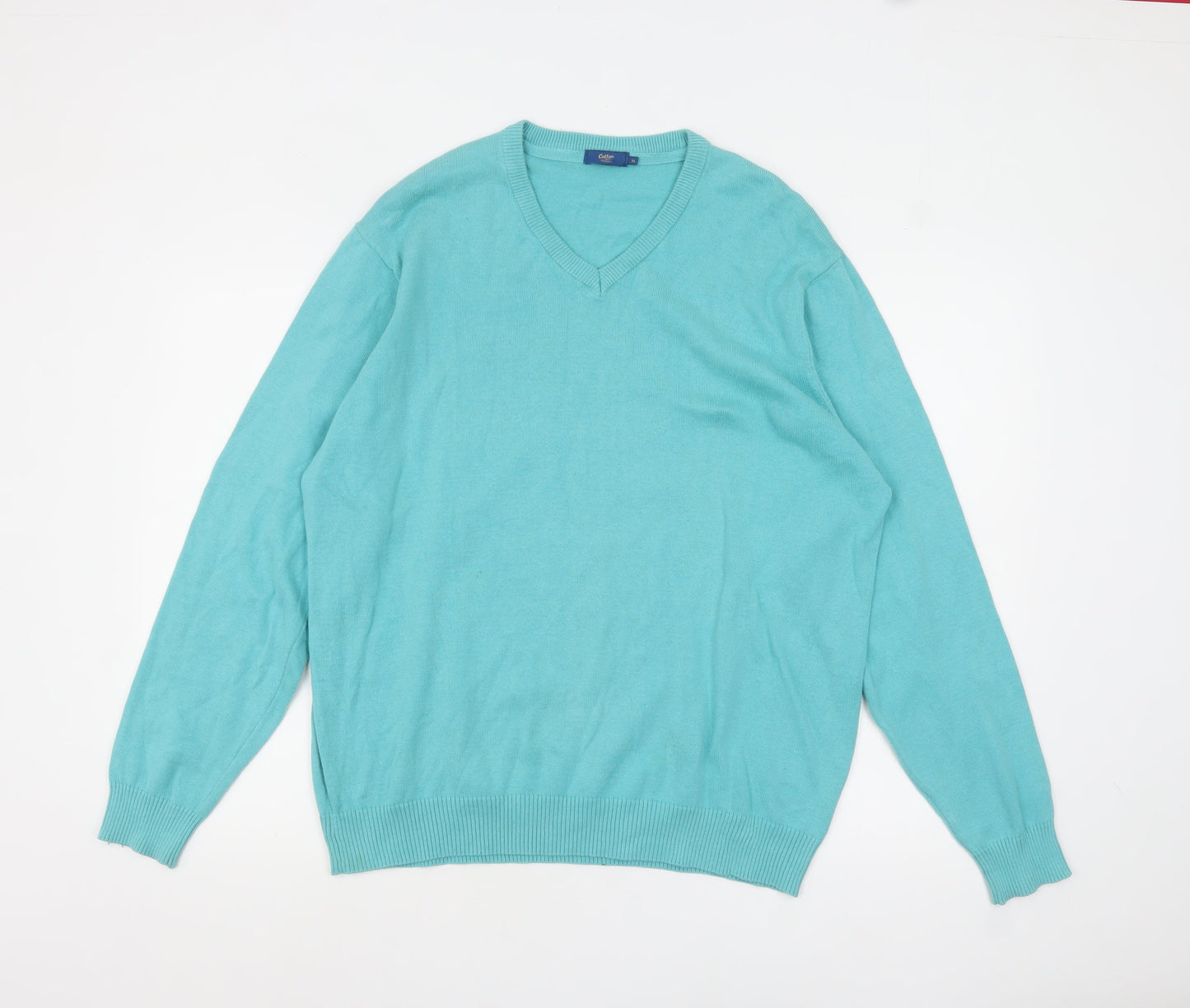 Cotton Traders Men's Blue V-Neck Cotton Jumper XL