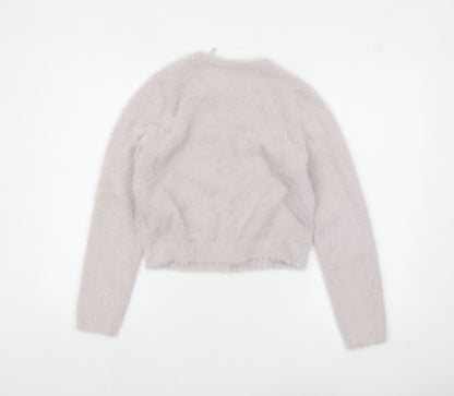 Pimkie Women's Grey Fluffy Crew Neck Cardigan Size S