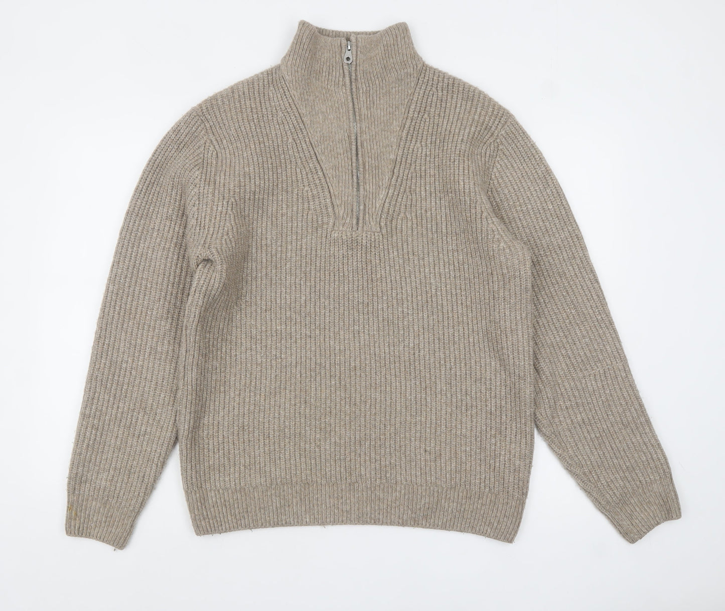 Mens UK Size M Zara Beige 1/4 Zip Jumper