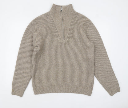 Mens UK Size M Zara Beige 1/4 Zip Jumper