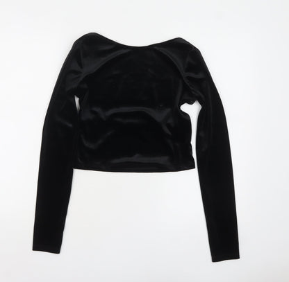 Pull&Bear Women's Black Velvet Cropped Long Sleeve Blouse Size 12
