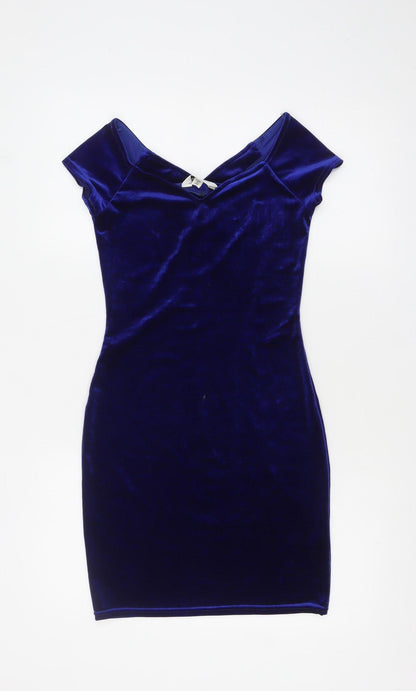 Miss Selfridge Women’s Blue Velvet Off Shoulder Bodycon Dress Size 6