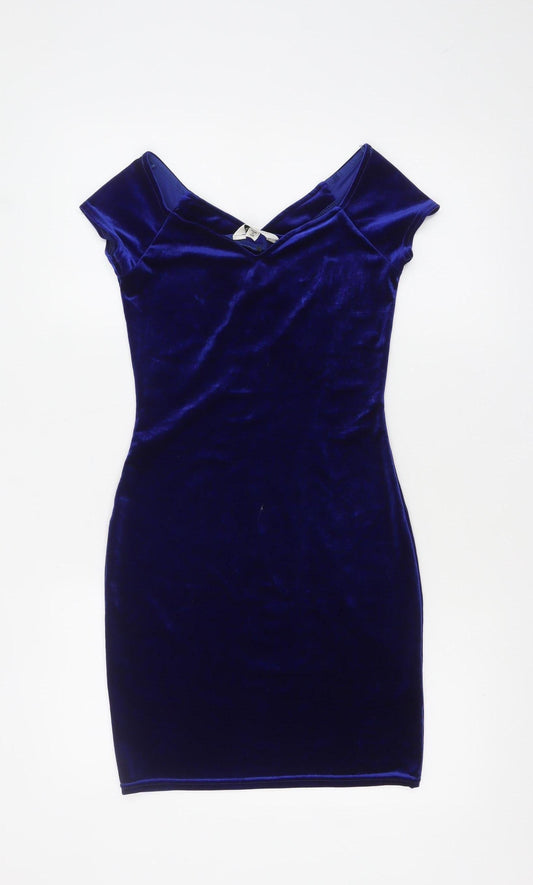 Miss Selfridge Women’s Blue Velvet Off Shoulder Bodycon Dress Size 6