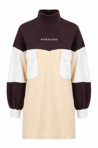 Front view of Missguided Women’s Beige Colourblock T-Shirt Dress UK 8 Tall