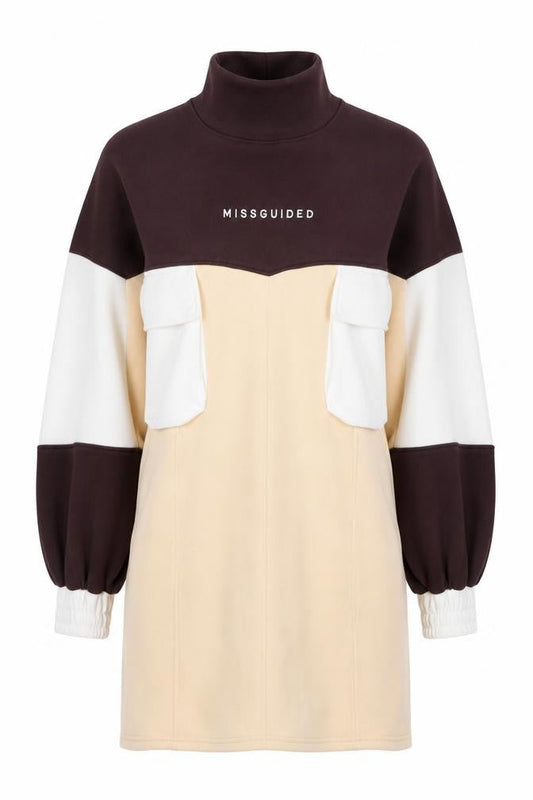 Front view of Missguided Women’s Beige Colourblock T-Shirt Dress UK 8 Tall