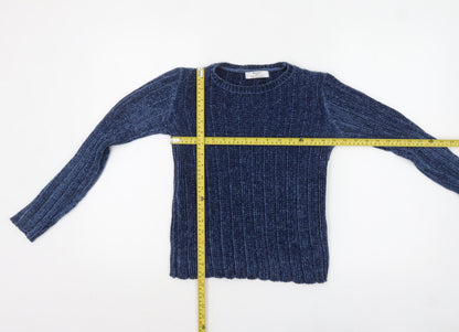 Bershka Women's Blue Ribbed Velvet Long Sleeve Pullover Jumper XS