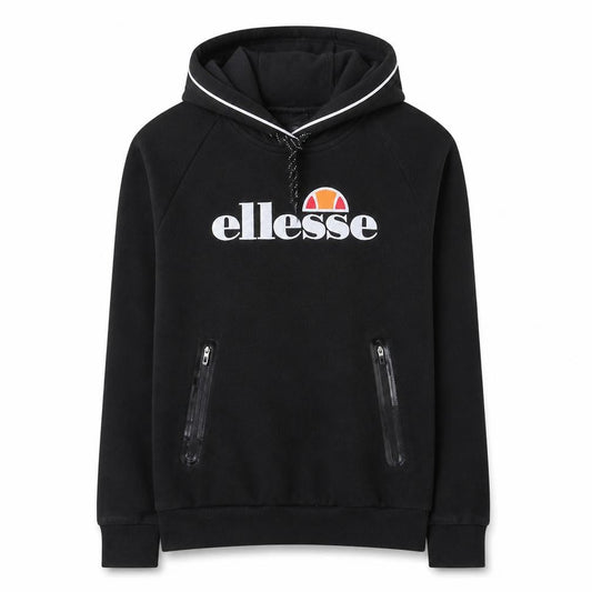Front view of Ellesse women’s black pullover hoodie, size UK 12, cotton blend logo sweatshirt