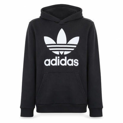 Front view of Adidas boys’ black hoodie 13-14 years pullover fleece trefoil logo
