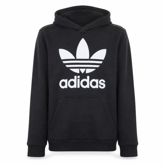 Front view of Adidas boys’ black hoodie 13-14 years pullover fleece trefoil logo