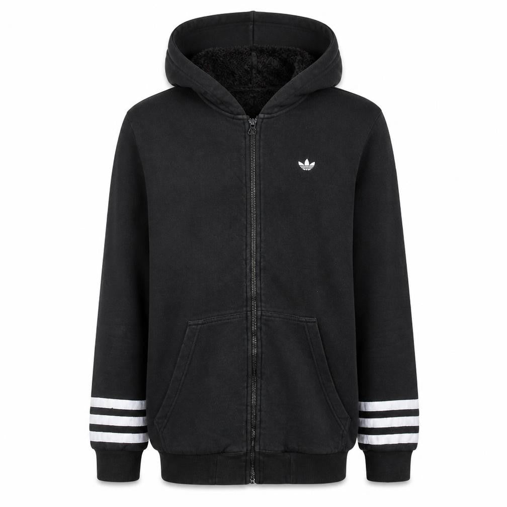 Front view of Adidas Originals men’s black full zip hoodie, size M, hooded fleece lined