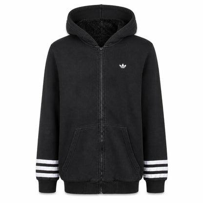 Front view of Adidas Originals men’s black full zip hoodie, size M, hooded fleece lined