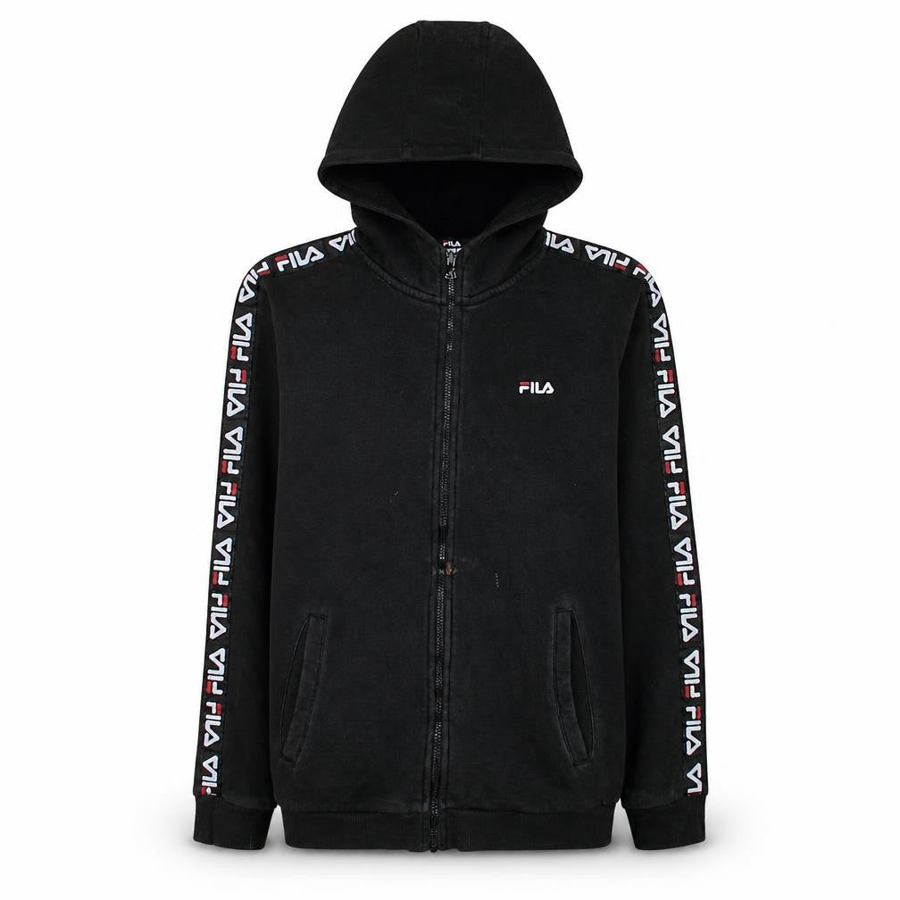 Front view of Fila boys’ black full zip hoodie 13-14 years logo tape sleeve casual