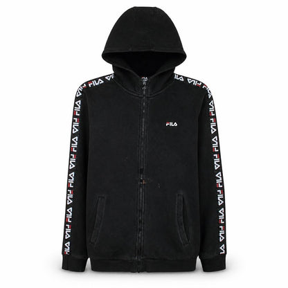 Front view of Fila boys’ black full zip hoodie 13-14 years logo tape sleeve casual