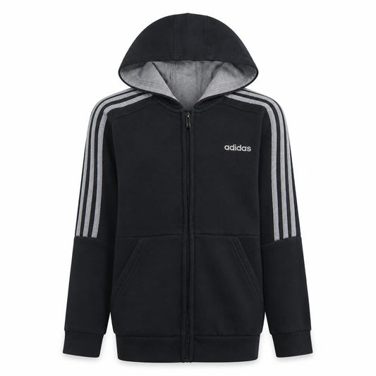 Front view of adidas boys’ black full zip hoodie, size 11-12, years sports casual sweatshirt