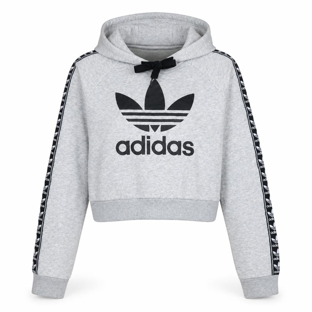 Front view of Adidas women’s grey crop hoodie xs logo tape sleeve hooded sweatshirt