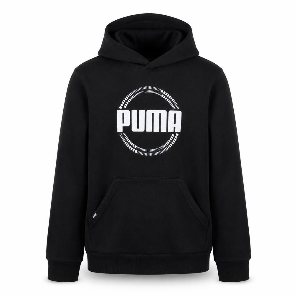 Front view of Puma boys’ black pullover hoodie 13-14 years fleece hooded sweatshirt