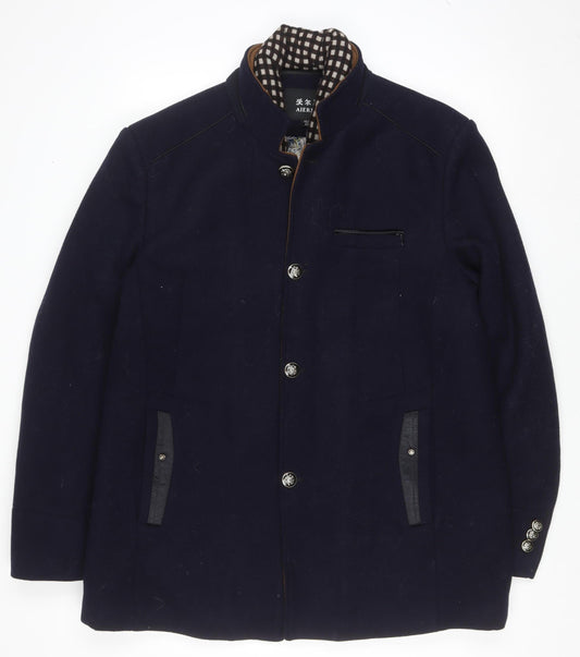 AIERMA Men’s Blue Wool Blend Stand-Up Collar Mid-Length Coat 3XL