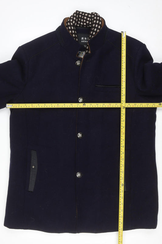 AIERMA Men’s Blue Wool Blend Stand-Up Collar Mid-Length Coat 3XL