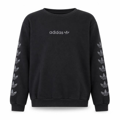 Front view of Adidas boys’ black sweatshirt 11-12 years crew neck logo print fleece