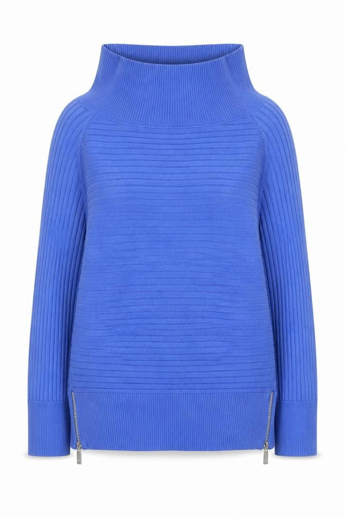 Front view of Star by Julien Macdonald women’s blue roll neck zip jumper, size UK 16
