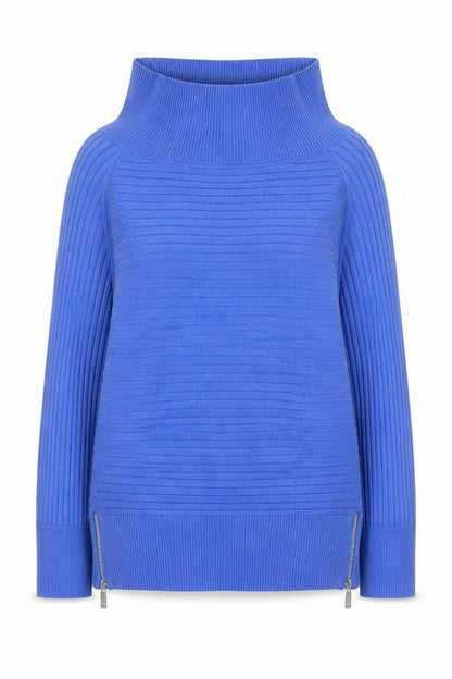 Front view of Star by Julien Macdonald women’s blue roll neck zip jumper, size UK 16
