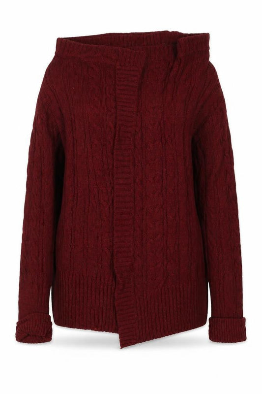 Front view of Mantaray women’s red cable-knit long sleeve cardigan, size UK 8