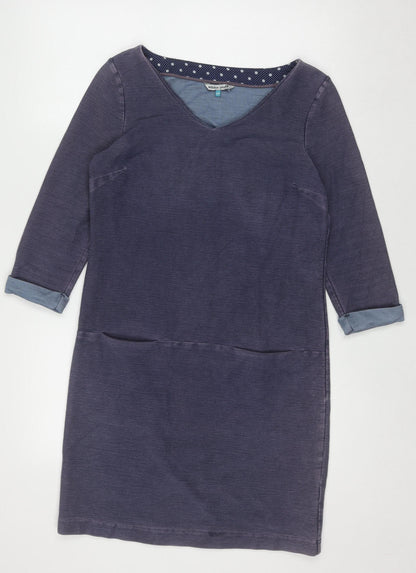 White Stuff Women's Blue Shift Dress Size 10 Cotton Blend V-Neck 3/4 Sleeve