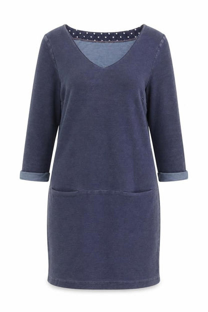 White Stuff Women's Blue Shift Dress Size 10 Cotton Blend V-Neck 3/4 Sleeve