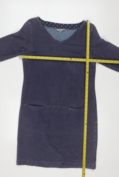 White Stuff Women's Blue Shift Dress Size 10 Cotton Blend V-Neck 3/4 Sleeve