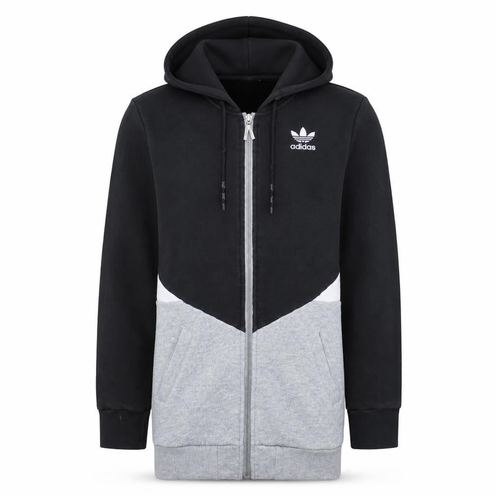 Front view of Adidas unisex black grey full zip hoodie, size M, sports fleece